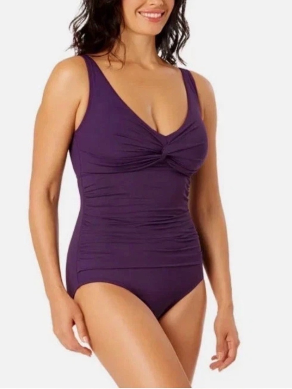 Lands End Swimsuit Women Medium Slim Purple Tummy Control UPF 50 One Piece T11